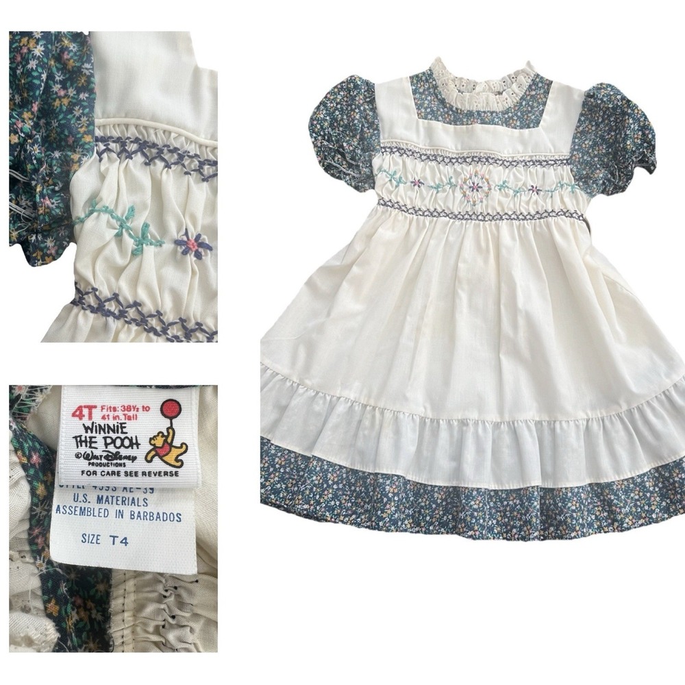 Vintage DISNEY Winnie Pooh Blue Prairie Floral Smocked Peasant Dress Y2K 4T Girl